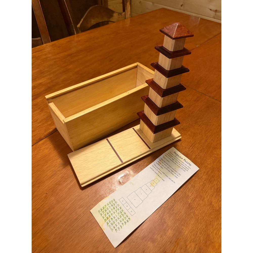 Norm Thompson Wooden Pagoda Puzzle Tower of Hanoi Brain Teaser Game with Box